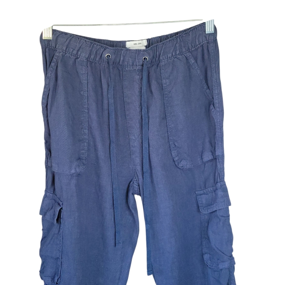 Nicole Miller Navy Linen Cargo Jogger Pants S Drawstring Utility Coastal - Picture 6 of 11
